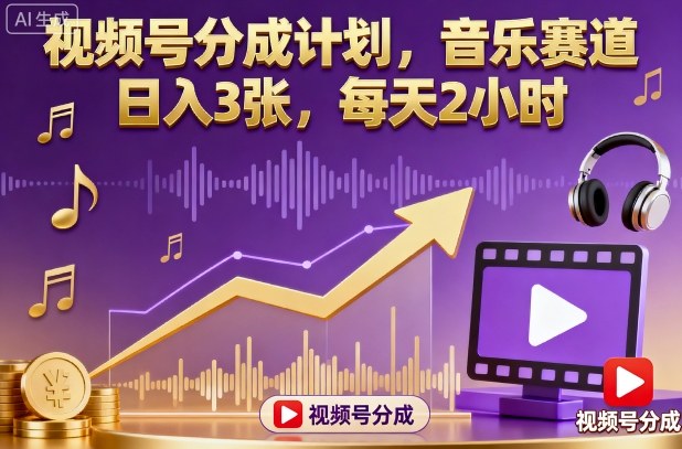 视频号分成计划,音乐赛道,日入3张,每天2小时-三石资源库