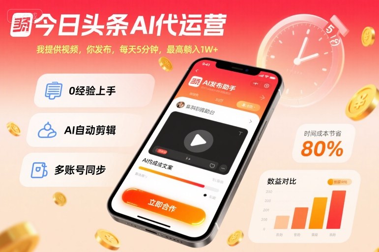 今日头条AI代运营，我提供视频，你发布，每天5分钟，最高躺入1W+【揭秘】-三石资源库