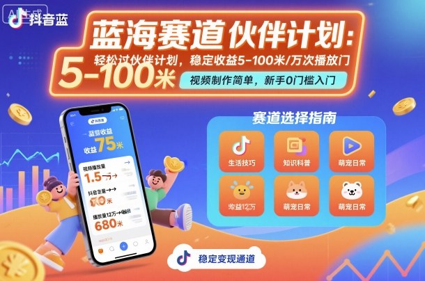 抖音蓝海赛道，轻松过伙伴计划，视频制作简单，万次播放收益在5-100米，稳定收益-三石资源库
