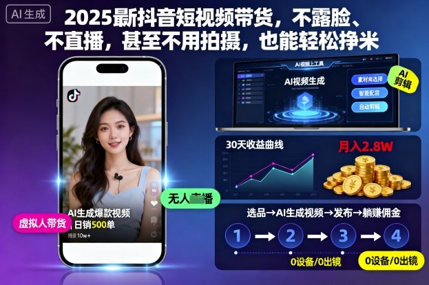 2025最新抖音短视频带货，不露脸、不直播，甚至不用拍摄，也能轻松挣米-三石资源库