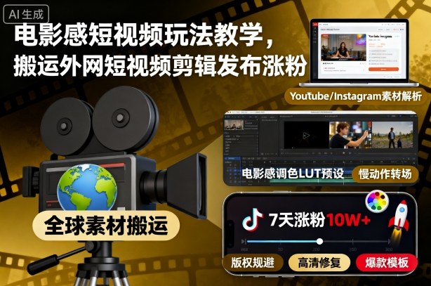 电影感短视频玩法教学,搬运外网短视频剪辑发布涨粉-三石资源库