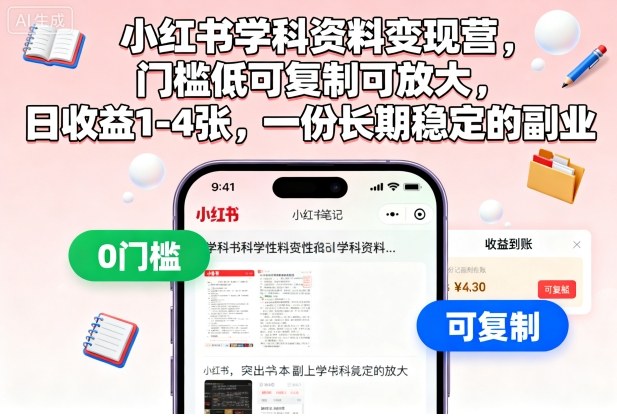 小红书学科资料变现营,门槛低可复制可放大,日收益1-4张,一份长期稳定的副业-三石资源库