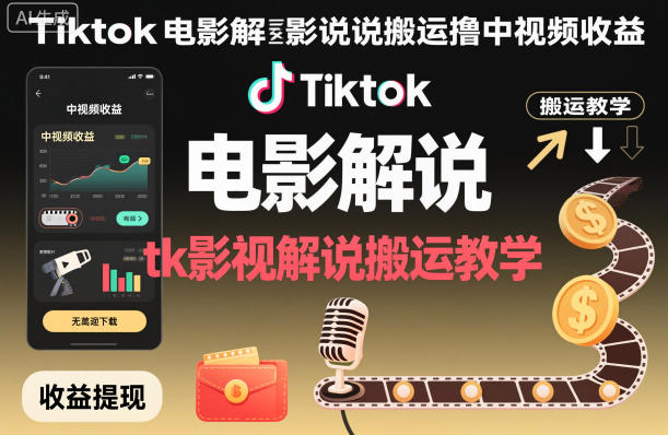 Tiktok电影解说搬运撸中视频收益,tk影视解说搬运教学-三石资源库
