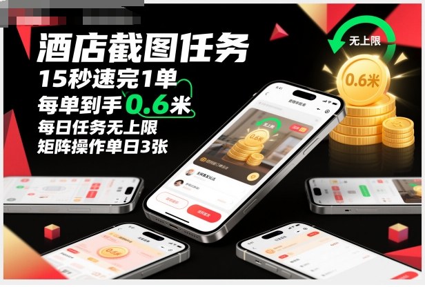 酒店截图任务，15秒速完1单，每单到手0.6米，每日任务无上限，全网首发玩法，矩阵操作单日3张【揭秘】-三石资源库