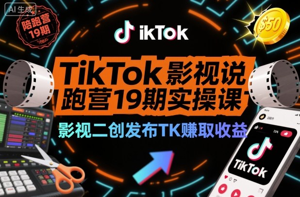 TikTok影视解说陪跑营19期实操课,影视二创发布TK賺取收益,万播收益50美金-三石资源库