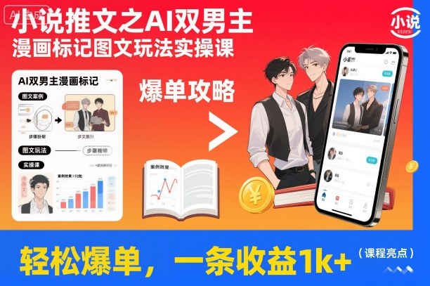 小说推文之AI双男主漫画标记图文玩法实操课,轻松爆单,一条收益1k+-三石资源库