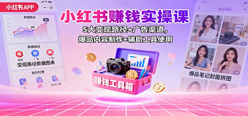 小红书赚钱实操课：5大变现路径+广告渠道，爆品内容制作+辅助工具使用-三石资源库
