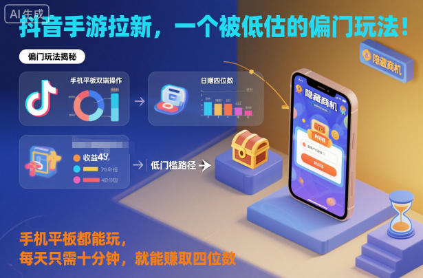 抖音手游拉新，一个被低估的偏门玩法！手机平板都能玩，每天只需十分钟，就能賺取四位数【揭秘】-三石资源库