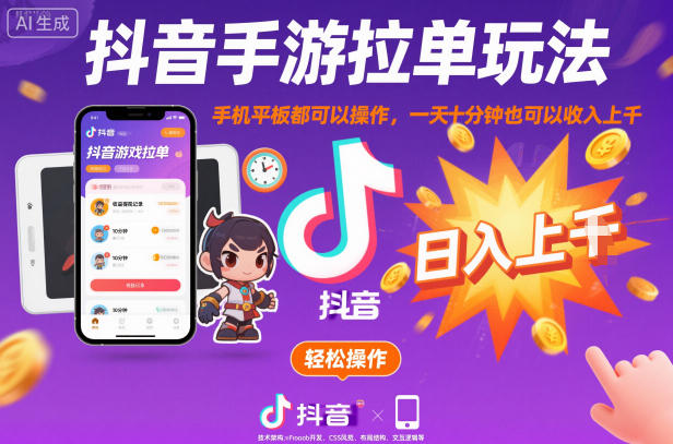 抖音手游拉单玩法,手机平板都可以操作,一天十分钟也可以收入上K【揭秘】-三石资源库