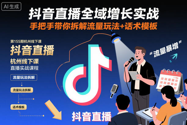 抖音直播全域增长实战第155期杭州线下课,手把手带你拆解流量玩法+话术模板-三石资源库