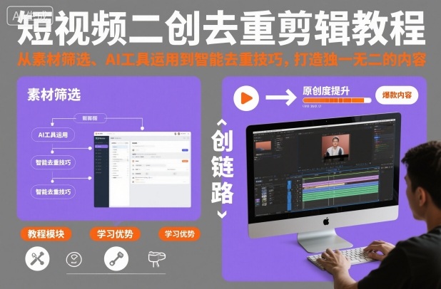 短视频二创去重剪辑教程，从素材筛选、AI工具运用到智能去重技巧，打造独一无二的内容-三石资源库