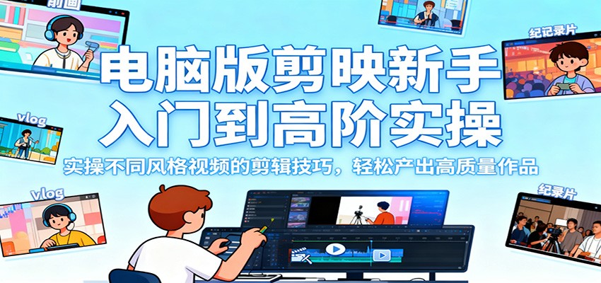 电脑版剪映新手入门到高阶实操，实操不同风格视频的剪辑技巧，轻松产出高质量作品-三石资源库